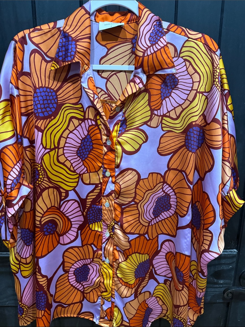 Adrienne Floral Satin Button-Down Shirt in Orange, Yellow & Purple
